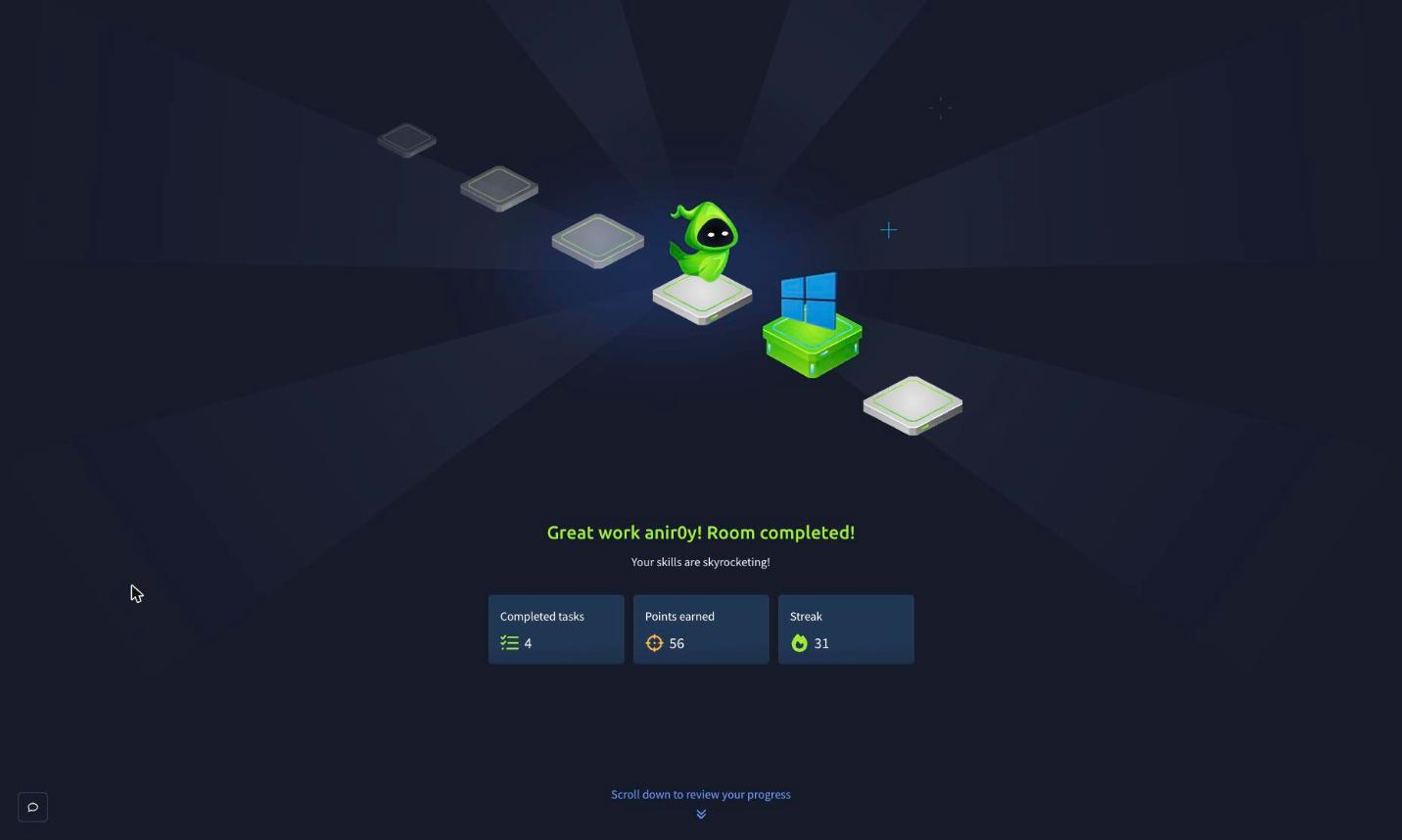The Operating Systems Introduction room completed on TryHackMe, all four tasks done, 56 points earned