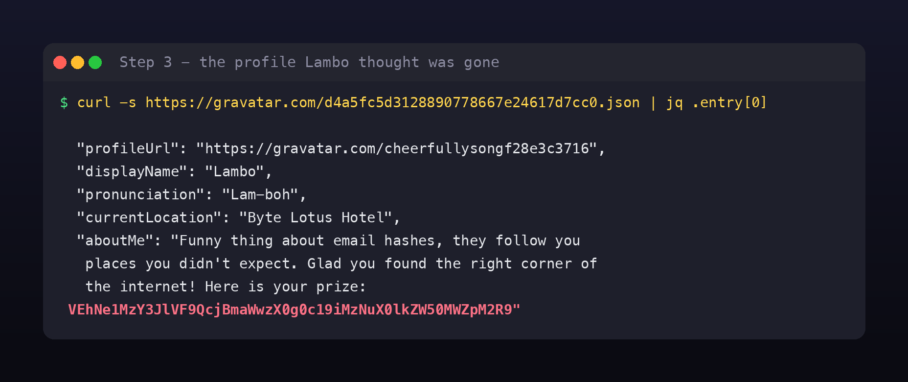 Gravatar profile JSON showing profileUrl, displayName Lambo, pronunciation, currentLocation Byte Lotus Hotel, and an aboutMe field ending in a long base64 string