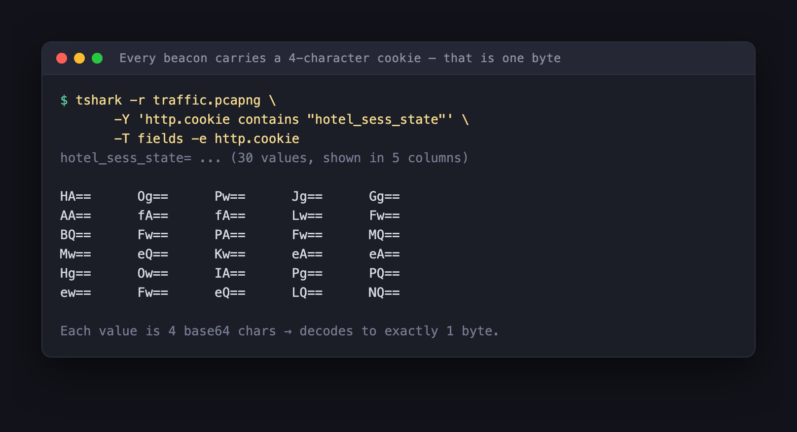 Thirty base64 cookie values laid out in five columns, each four characters long decoding to a single byte