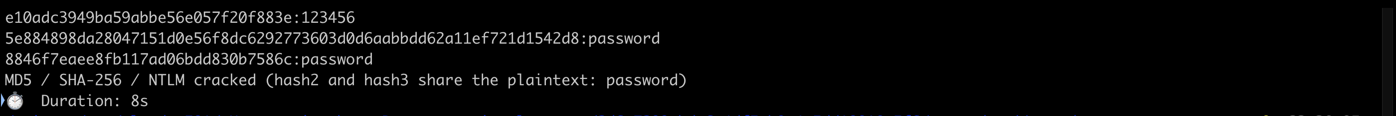 Hashcat cracking the MD5, SHA-256, and NTLM hashes: 123456 and password