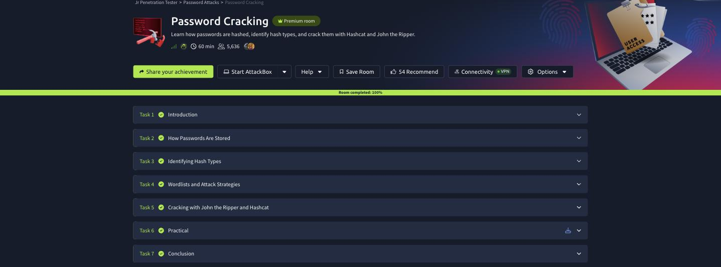 Password Cracking completed 100 percent with all seven tasks green