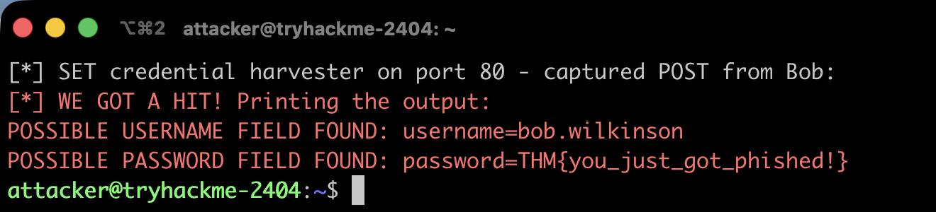 SET credential harvester capturing Bob&rsquo;s username and the password flag