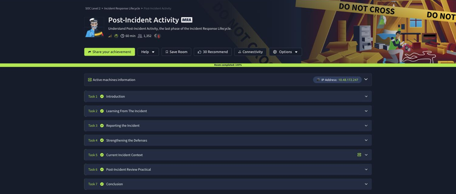 The Post-Incident Activity room on TryHackMe with all seven tasks green and Room completed 100 percent