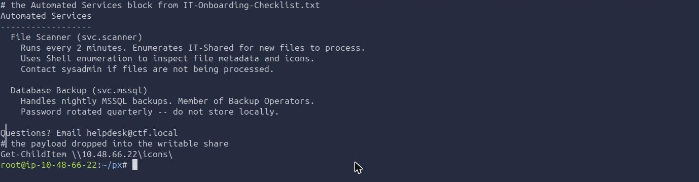 The Automated Services section of the onboarding checklist describing the svc.scanner file scanner, next to the one-line PowerShell payload dropped into the share