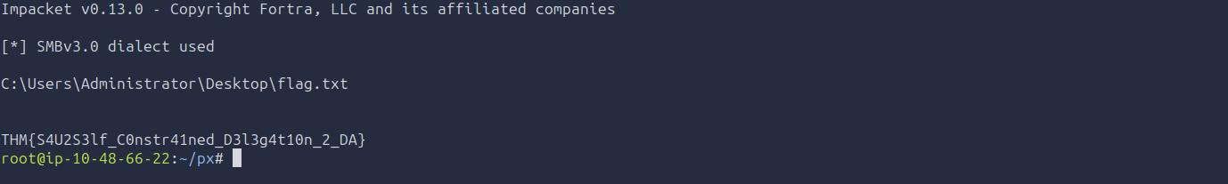 wmiexec running with the impersonated Administrator Kerberos ticket and printing the flag from the Administrator Desktop on DC01