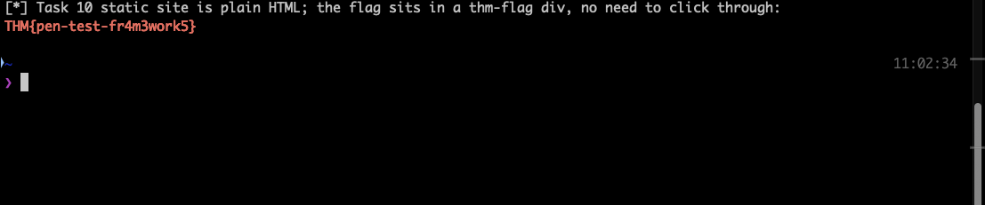 Terminal showing a curl of the pentesting-frameworks static site piped to grep, extracting the flag THM{pen-test-fr4m3work5} from the thm-flag div