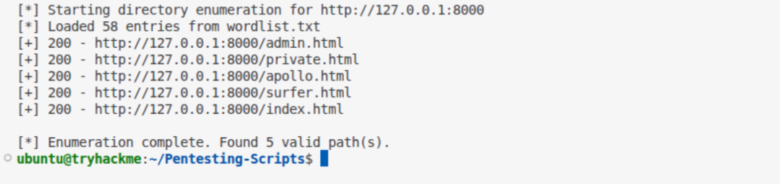 Directory enumeration on port 8000 finding five HTML pages