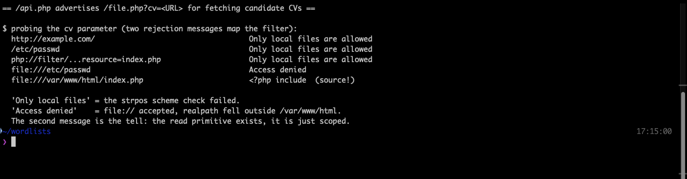 Terminal output showing the cv parameter rejecting http, a bare path and a php filter wrapper with Only local files are allowed, rejecting file etc passwd with Access denied, and returning PHP source for a path under var www html