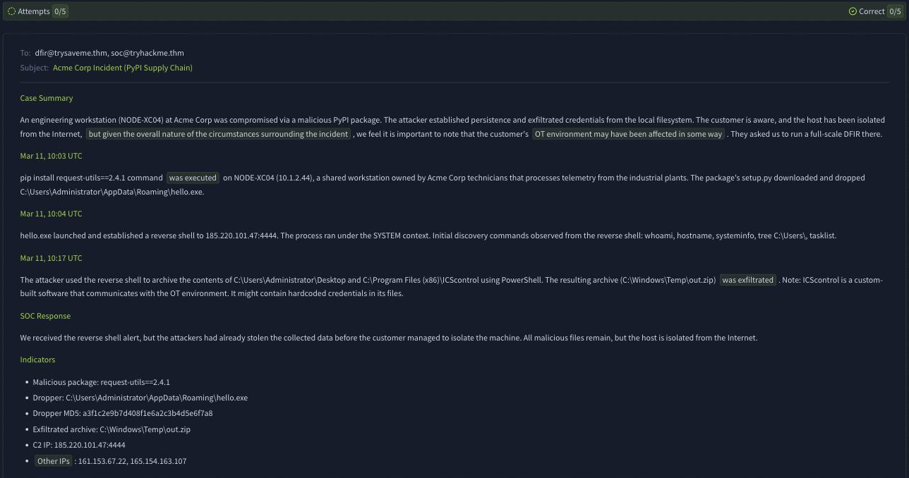 The DFIR Handover Notes simulation: a PyPI supply-chain incident report with vague phrases highlighted for correction into precise facts