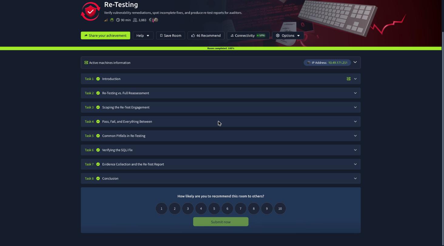 Re-Testing room completed 100 percent with all eight tasks solved