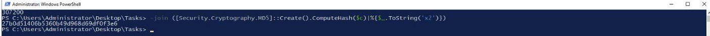 PowerShell output showing the decompressed shellcode length of 307200 bytes and the MD5 hash 27b0d51406b5360b49d968d69df0f3e6