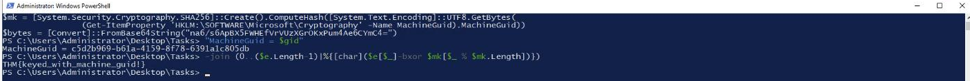 PowerShell showing keyed.ps1 deriving SHA256 of the MachineGuid registry value, the machine GUID c5d2b969-b61a-4159-8f78-6391a1c805db, and the decrypted flag THM keyed with machine guid