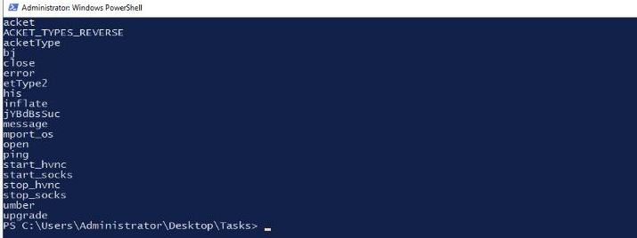 PowerShell output listing distinct socket.io task types including start_hvnc, stop_hvnc, start_socks, stop_socks, ping, message and upgrade