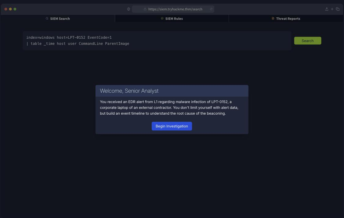 The mock SIEM welcome screen for the Senior Security Analyst challenge, briefing the LPT-0152 malware alert