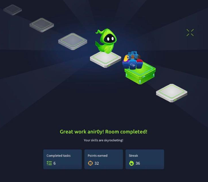 Senior Security Analyst Intro room completed on TryHackMe, six tasks done and thirty-two points earned