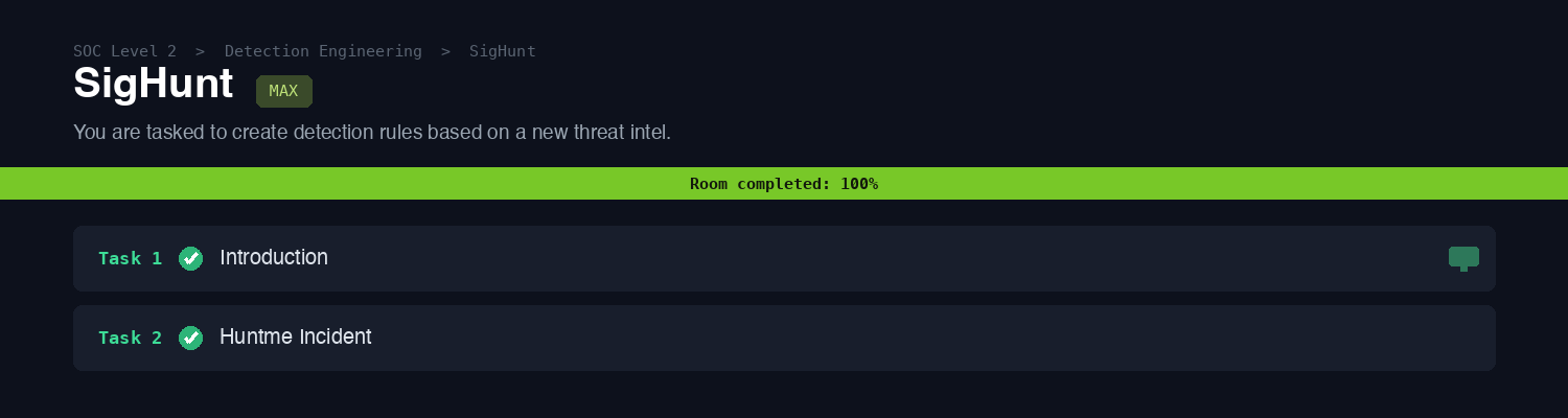 The SigHunt room on TryHackMe marked Room completed 100 percent, both tasks green