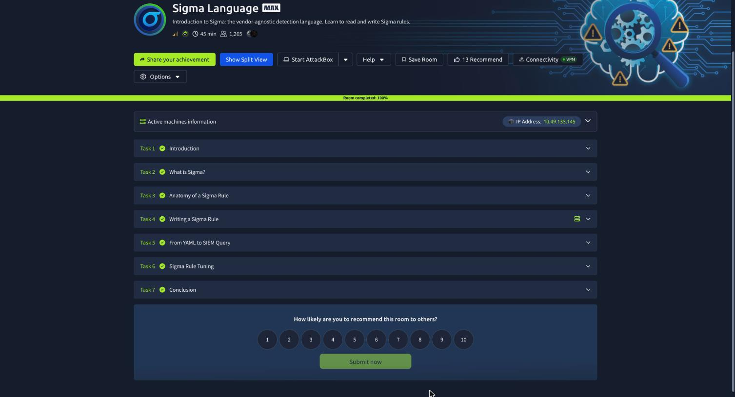 The Sigma Language room at 100%, all seven tasks complete