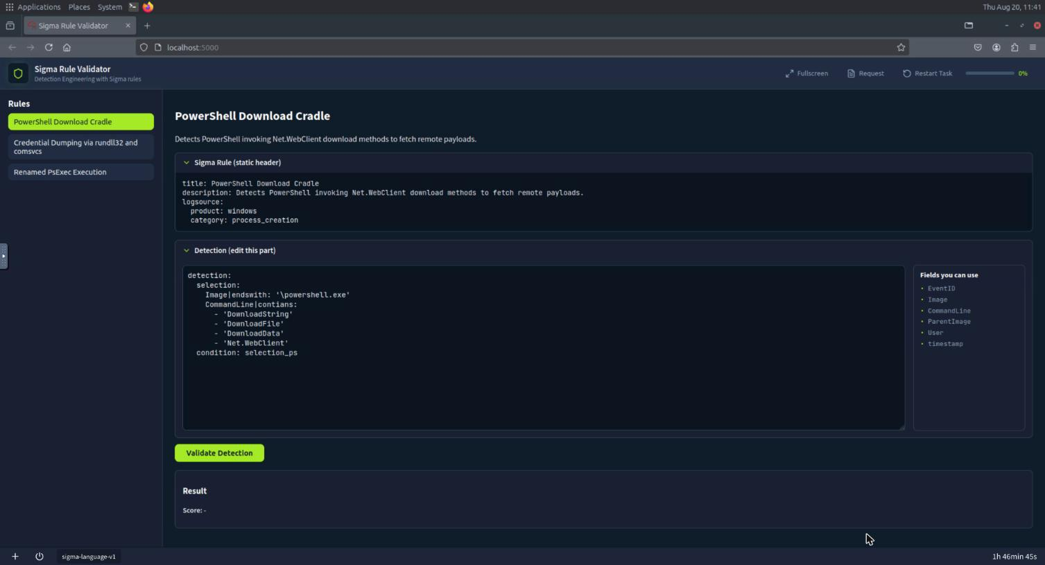 The Sigma Rule Validator showing the broken PowerShell Download Cradle rule
