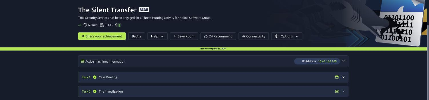 The Silent Transfer room on TryHackMe with both tasks green and Room completed 100 percent