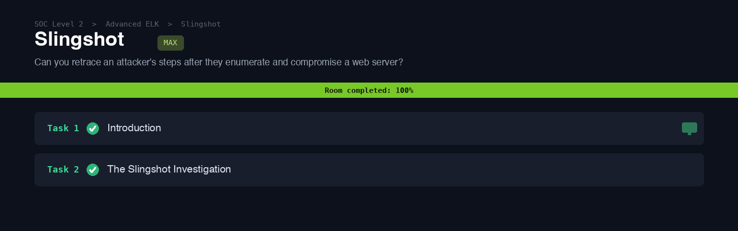 The Slingshot room on TryHackMe marked Room completed 100 percent, both tasks green