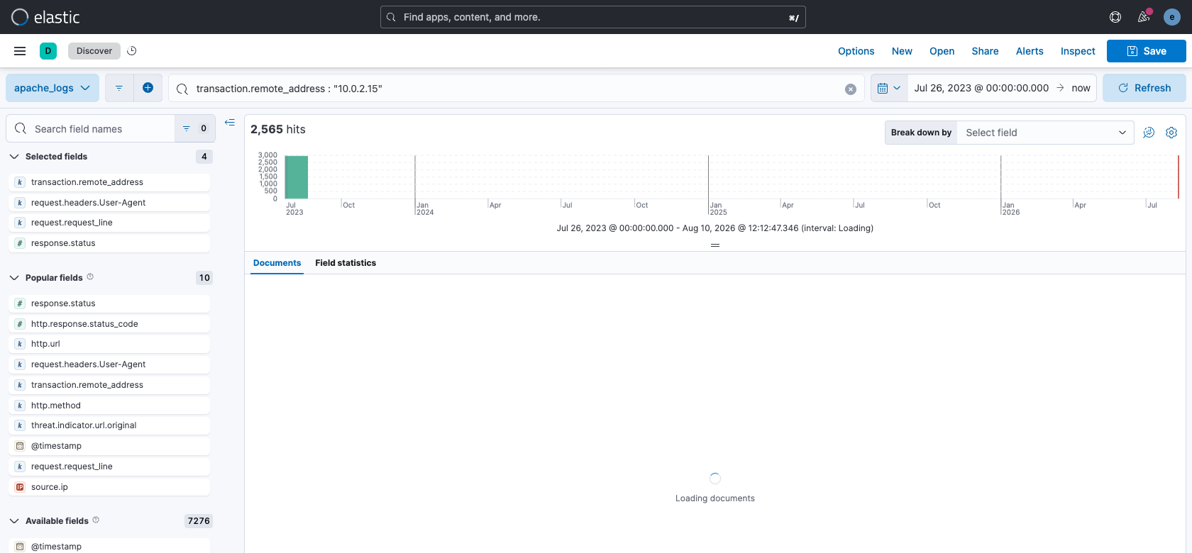 Kibana Discover with the apache_logs data view, the attacker IP filter, and the four working columns, showing 2,565 requests from a single host
