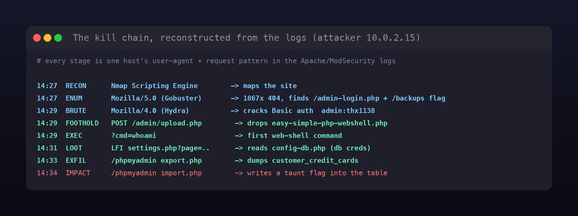 Terminal card summarising the reconstructed kill chain from Nmap recon through Gobuster, Hydra, the web shell, LFI, and the phpMyAdmin exfiltration