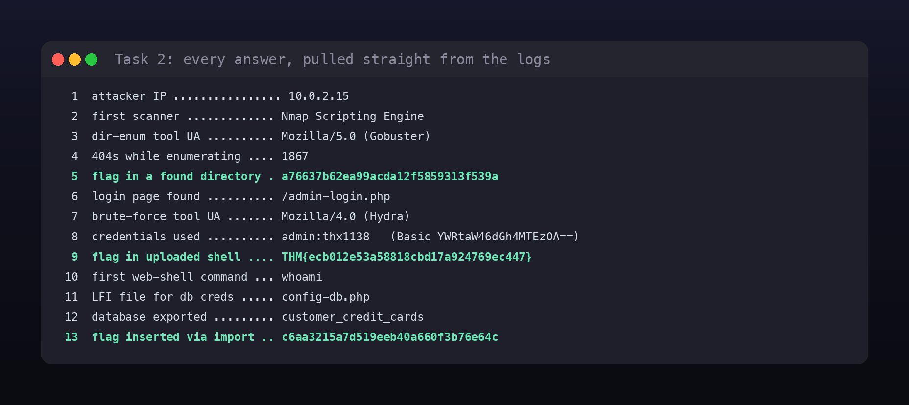 Card listing all thirteen Task 2 answers, from the attacker IP through the flag inserted via import.php