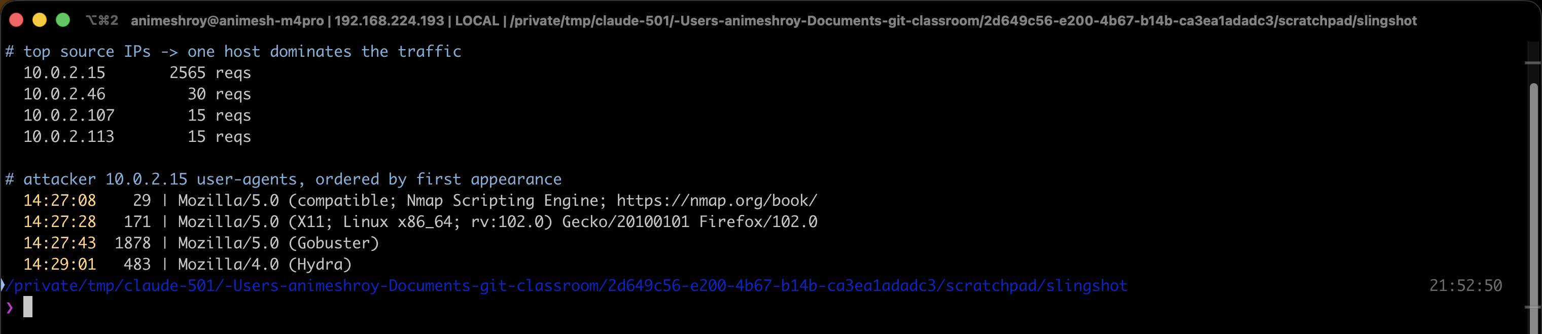 Real terminal: aggregating the attacker’s source IP and listing their user-agents ordered by first appearance, revealing Nmap, then Gobuster, then Hydra