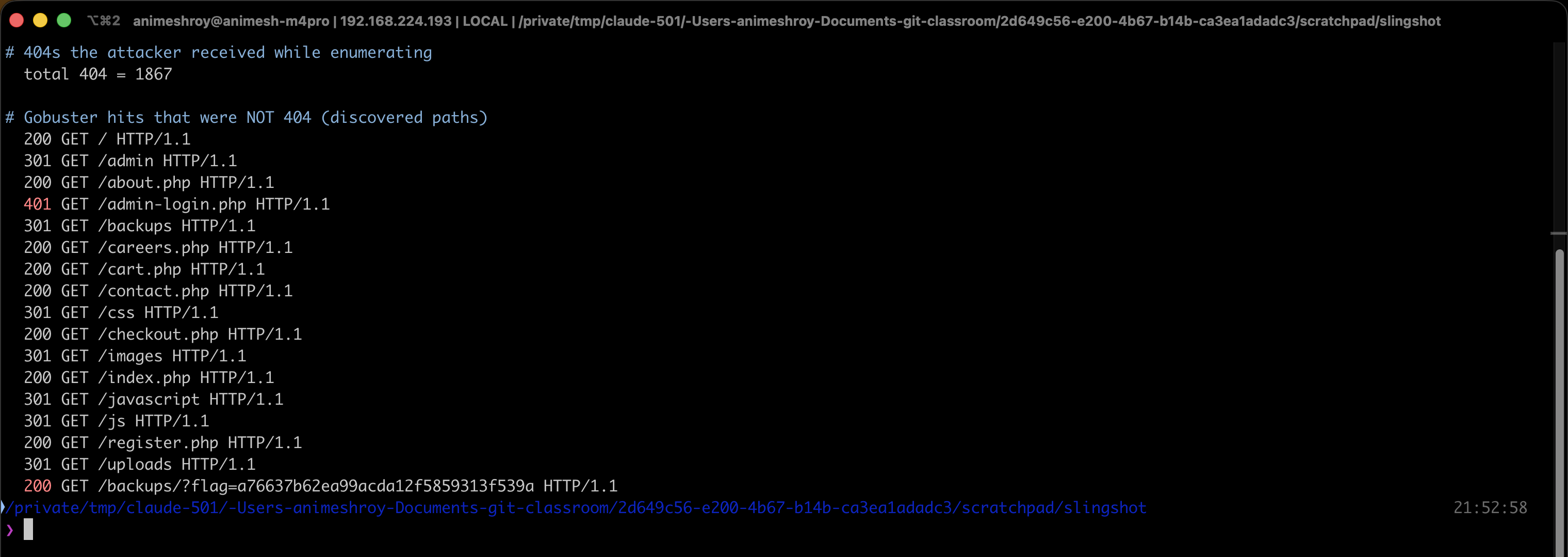 Real terminal: the total 404 count and every non-404 Gobuster hit, including the 401 on /admin-login.php and the 200 on /backups with the flag in the query string