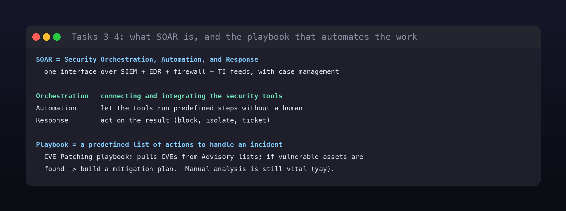 Terminal card of SOAR: its three capabilities of orchestration, automation, and response, plus the definition of a playbook