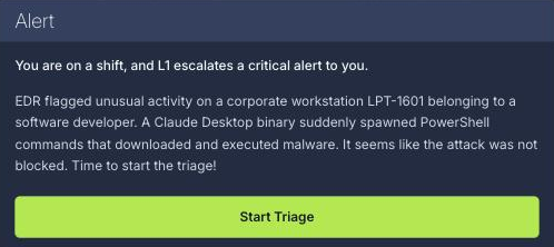 The challenge alert: EDR flags a Claude Desktop binary on LPT-1601 spawning PowerShell that downloaded and ran malware