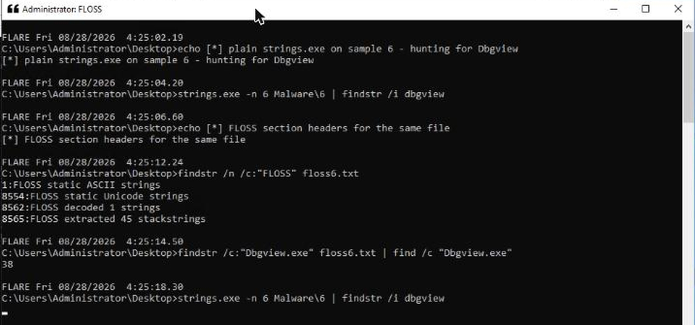 strings.exe returns nothing for Dbgview while FLOSS extracts 45 stackstrings, 38 of which are Dbgview.exe
