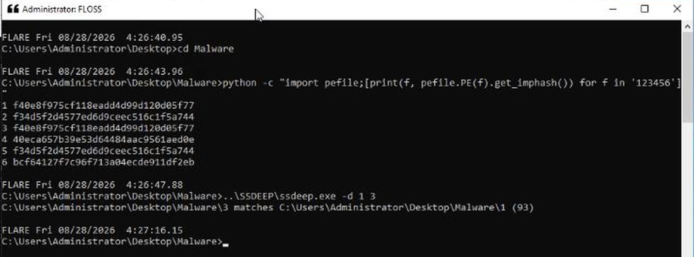 imphash for all six samples and the ssdeep -d comparison of 1 and 3 scoring 93
