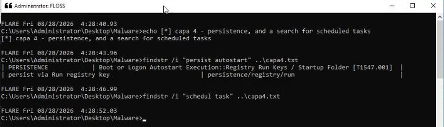 capa persistence rows for sample 4 and an empty search for scheduled tasks