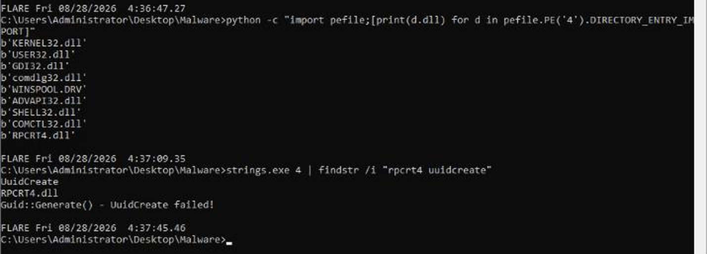 pefile listing the nine imported libraries and strings confirming UuidCreate as the RPCRT4 import