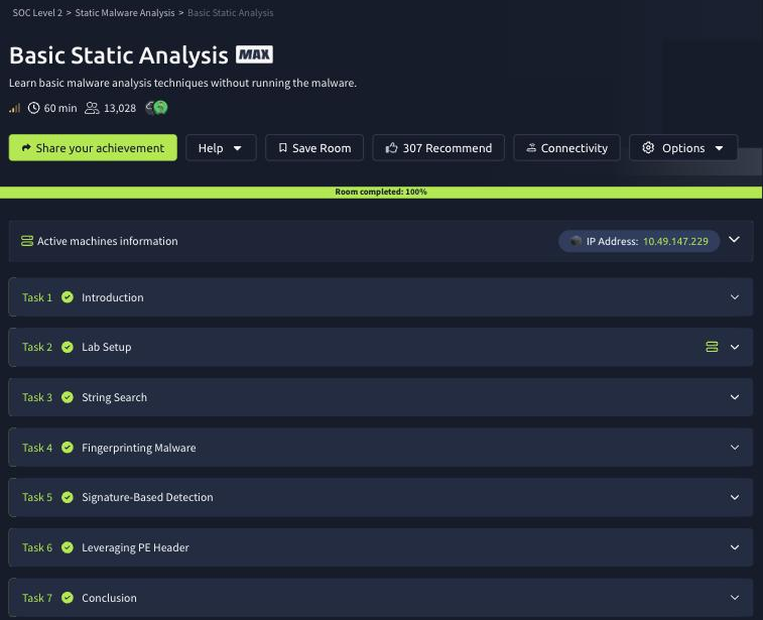 TryHackMe Basic Static Analysis room at 100 percent with all seven tasks complete