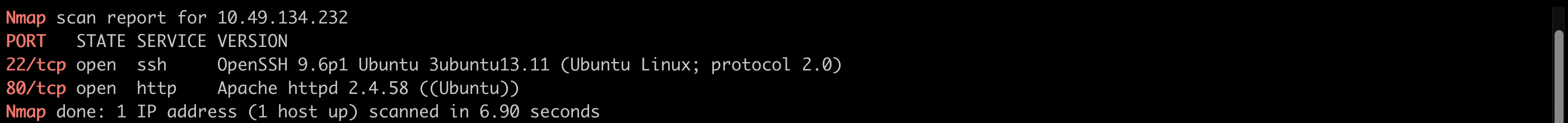 nmap version scan of the Support box showing only port 22 running OpenSSH 9.6p1 on Ubuntu and port 80 running Apache httpd 2.4.58